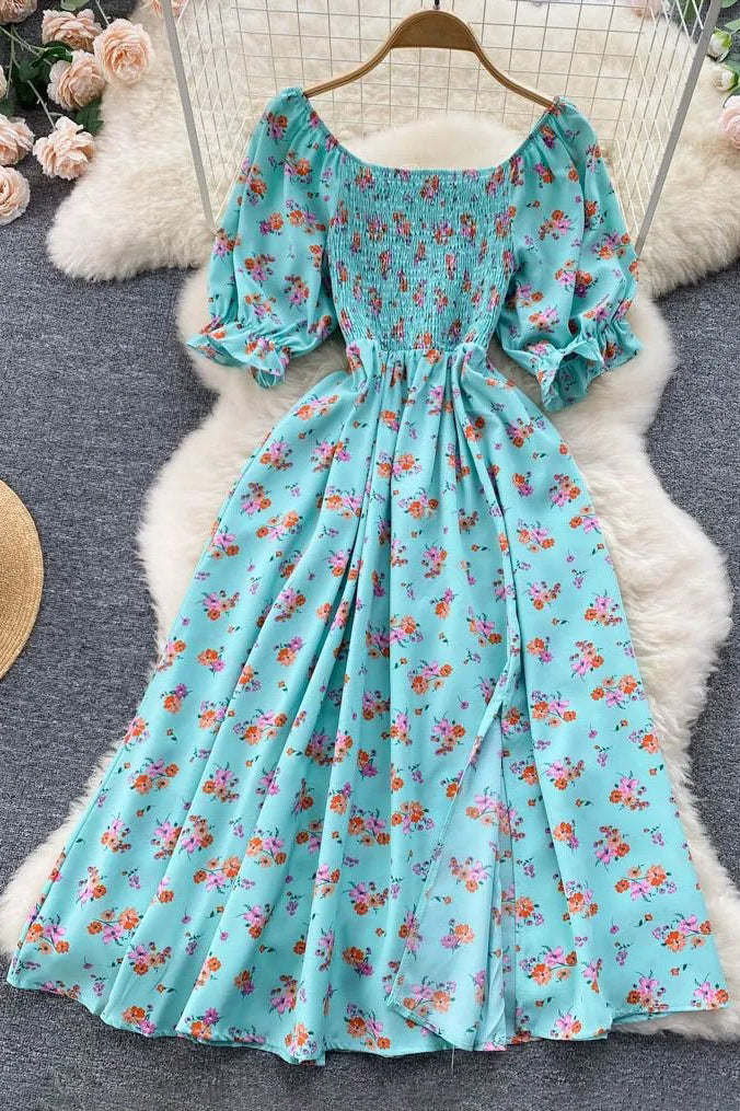 Romantic Floral Print Split Long Dress