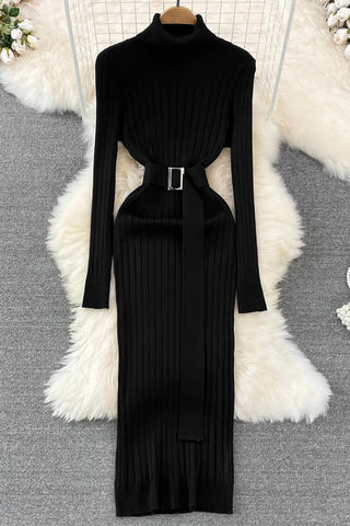 Long High Split Knit Dress Ladies Elegant Sweater Dress