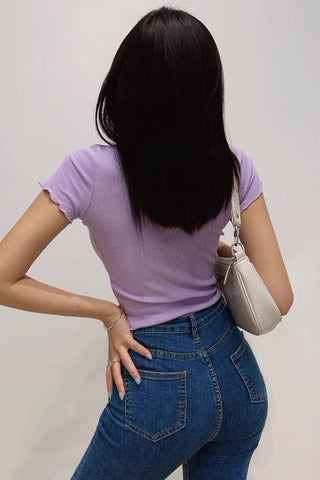 Sexy High Waist Top Elastic Tight V-Neck Short Sleeve T-Shirt