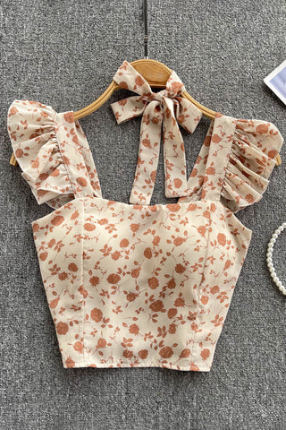 Damen Top mit quadratischem Ausschnitt, Schleife und Rüschen, kurzes Unterhemd, Blumenmuster, elastische Taille