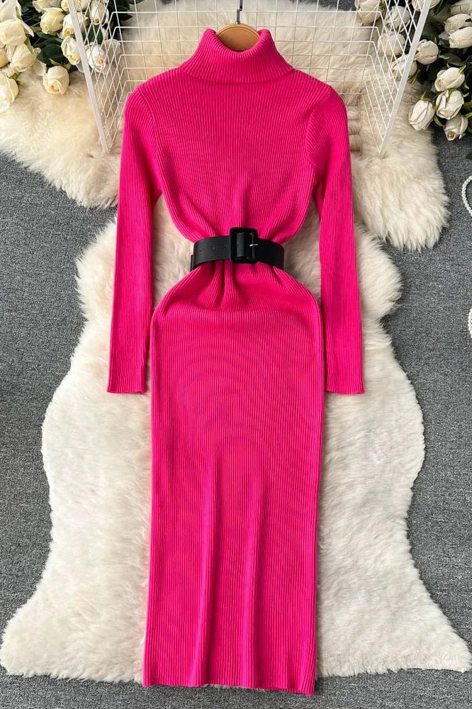 Knitted Elegant Turtleneck Long Sweater Dress with Belt Lady Package Hips Bodycon Dress