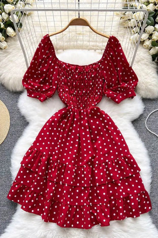 Elegant Cascading Ruffles Dress Vintage Puff Sleeve Print Polka Dot Short Party Dress