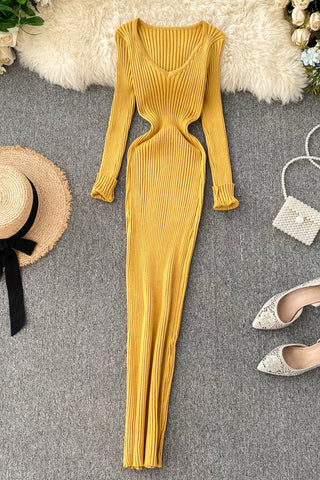 Knitted Dress V Neck Slim Elastic Sweater Dress Knit Warm Long Dress