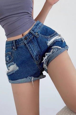 Curled Ripped High Waisted Denim Shorts