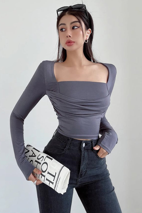 Pleated Waist Tight Square Neck Long Sleeved Top