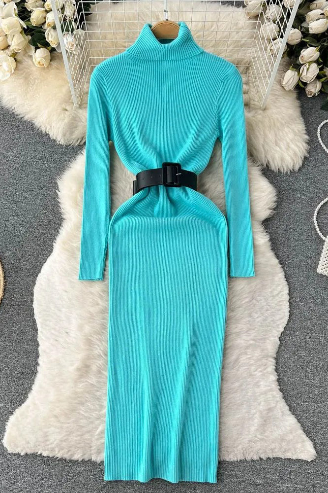 Knitted Elegant Turtleneck Long Sweater Dress with Belt Lady Package Hips Bodycon Dress