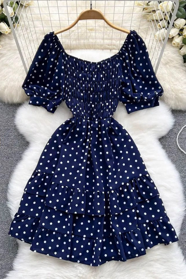 Elegant Cascading Ruffles Dress Vintage Puff Sleeve Print Polka Dot Short Party Dress