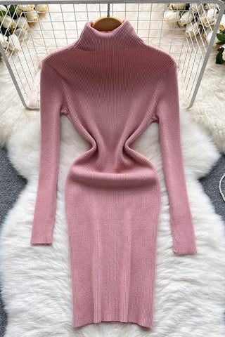 Turtleneck Knitted Dress Long Sleeves Slim Elastic Warm Dress