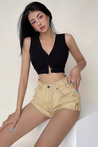 Retro High Waist Rolled Hem Loose Denim Shorts