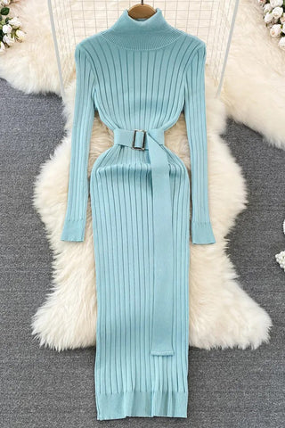 Long High Split Knit Dress Ladies Elegant Sweater Dress