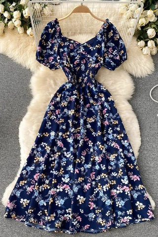 V-Neck Puff Sleeve Floral Print Elastic Corset Dress