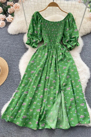 Romantic Floral Print Split Long Dress