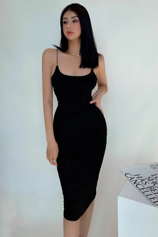 Sexy Kleid mit engen Trägern, einfarbig, langes Wickelkleid mit Hüfte