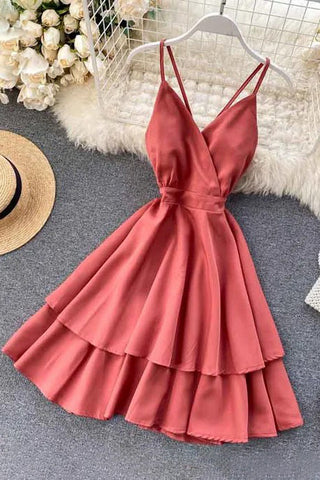 Bow Bandage Beach Dress V-neck Strap Double Ruffles Short Dress