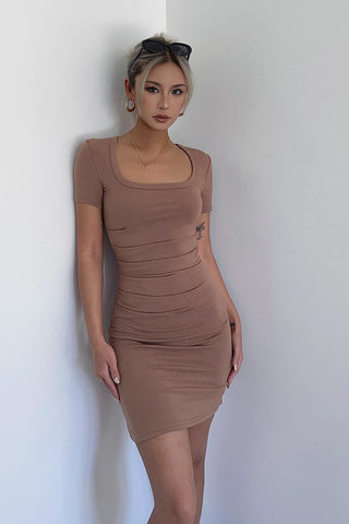 Square Neck Pleated Bodycon Dress