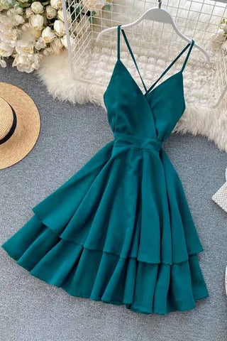 Bow Bandage Beach Dress V-neck Strap Double Ruffles Short Dress