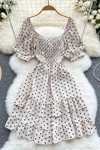 Elegant Cascading Ruffles Dress Vintage Puff Sleeve Print Polka Dot Short Party Dress