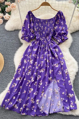 Romantic Floral Print Split Long Dress