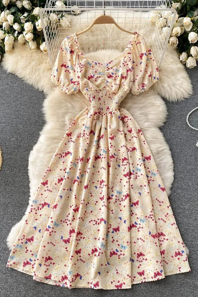 V-Neck Puff Sleeve Floral Print Elastic Corset Dress