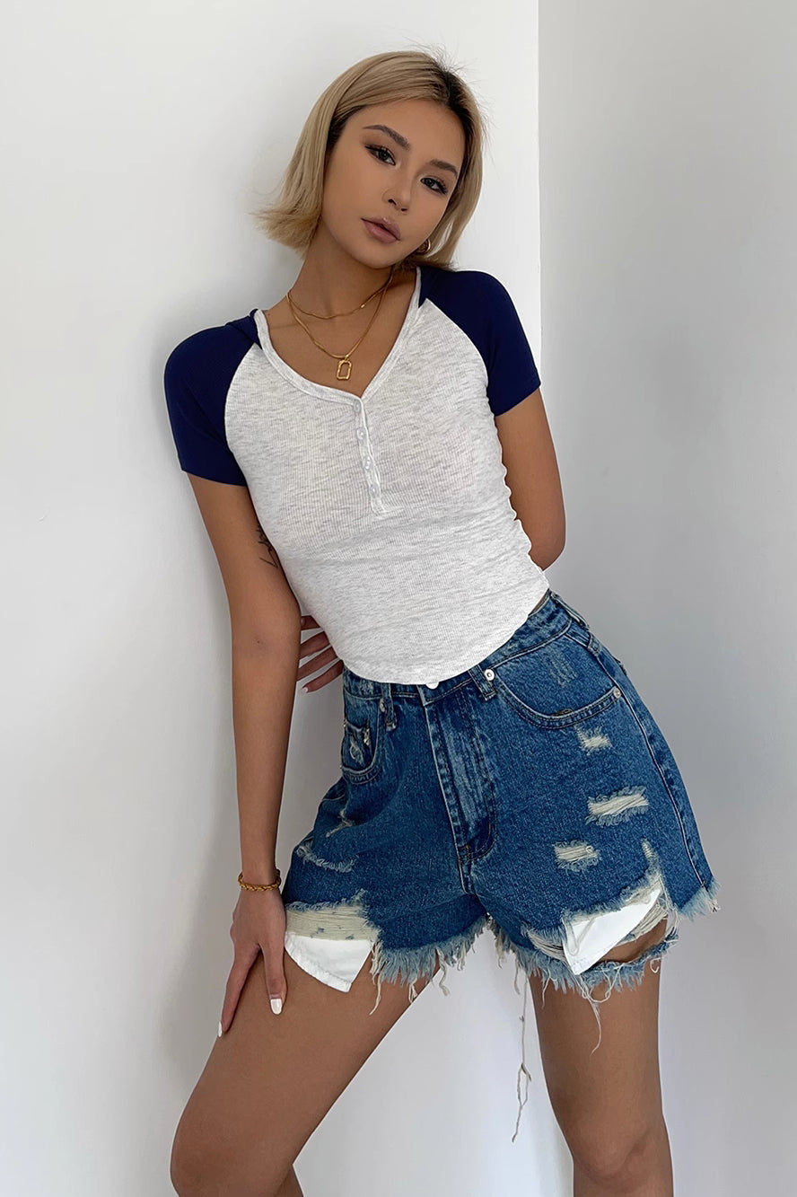 Ripped Slant Pocket Denim Shorts