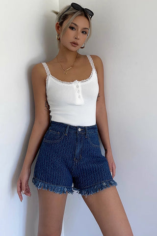 Fringe Trim Embroidery Denim Shorts