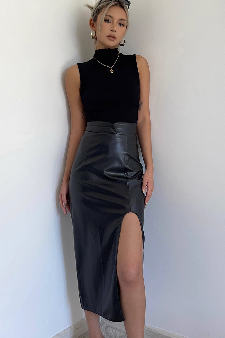 Solid Split PU Leather Skirt