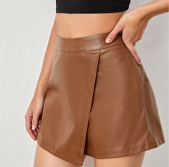 Tyra Faux Leather Wrap Skort - Camel