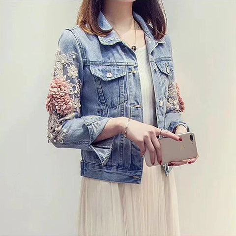 Autumn Floral Emroidery Long Sleeve Jean Denim Coats