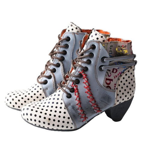 Caotic High Heel Polka Dot Leather Lace Up Boots