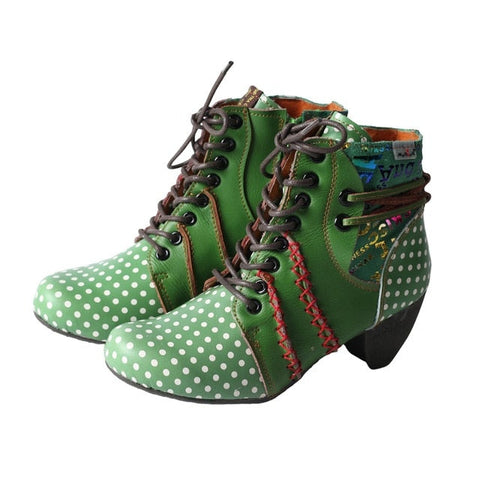 Caotic High Heel Polka Dot Leather Lace Up Boots