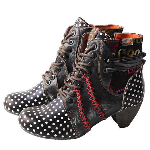 Caotic High Heel Polka Dot Leather Lace Up Boots