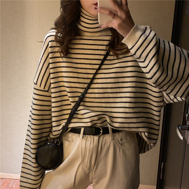 Loose Fit Striped Turtleneck Winter Sweater