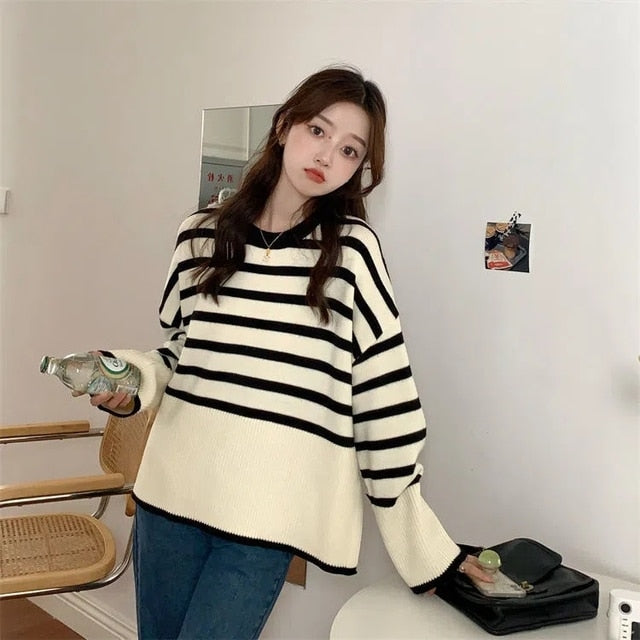 Loose Fit Striped Turtleneck Winter Sweater