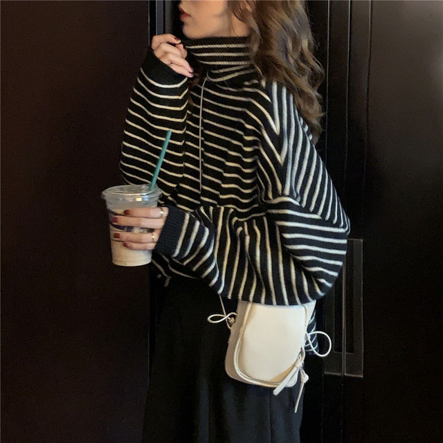 Loose Fit Striped Turtleneck Winter Sweater