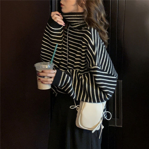 Loose Fit Striped Turtleneck Winter Sweater