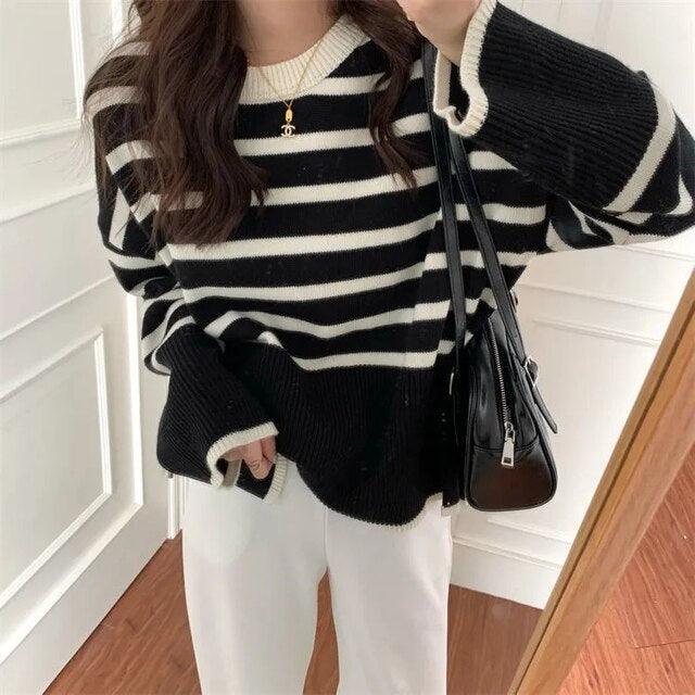 Loose Fit Striped Turtleneck Winter Sweater