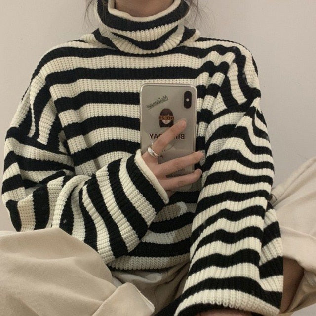 Loose Fit Striped Turtleneck Winter Sweater