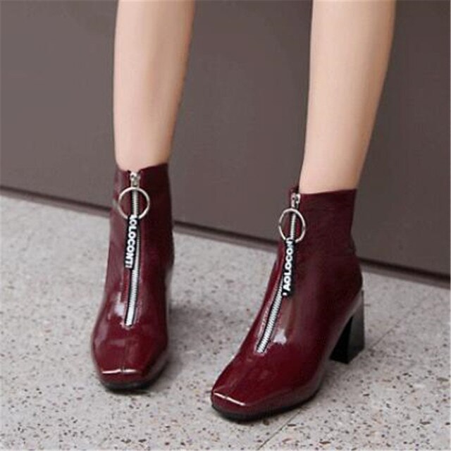 Square Heel Patent Leather Brillant Ankle Boots