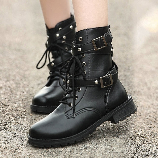 British Motorcycle Style Low Heel Ankle Boots