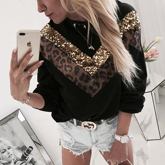 V Leopard Design Long Sleeve Winter Pullovers