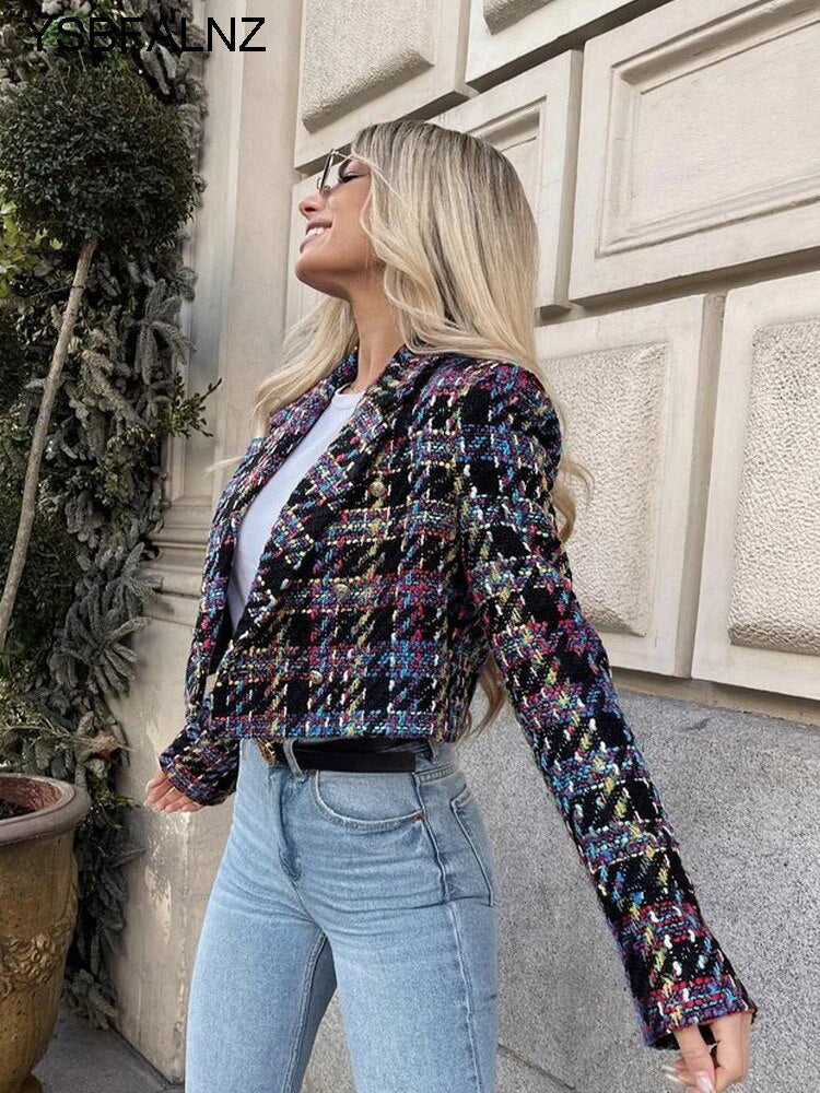 Multi Color Plaid Tweed Blazer Jackets