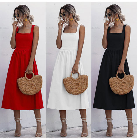 Solid Split Joint Square Collar Cake Skirt Dresses