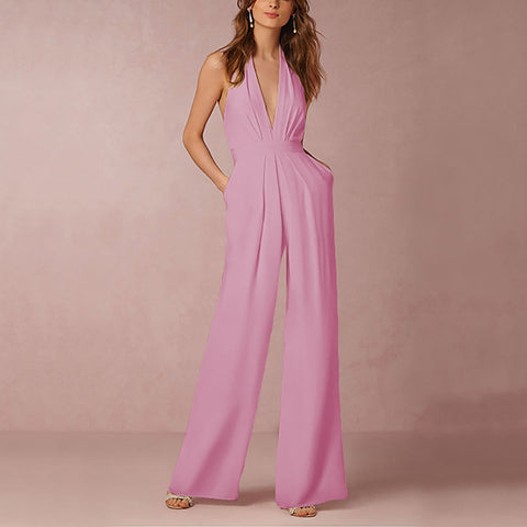 V-Neck Open Back Pocket Slim Jumpsuit