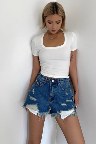 Ripped Slant Pocket Denim Shorts