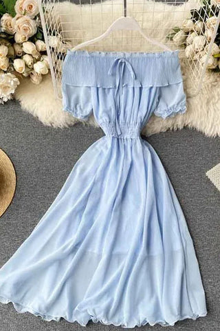 Robe en mousseline à épaules dénudées, couleur unie, manches courtes bouffantes, volants, tenue de vacances