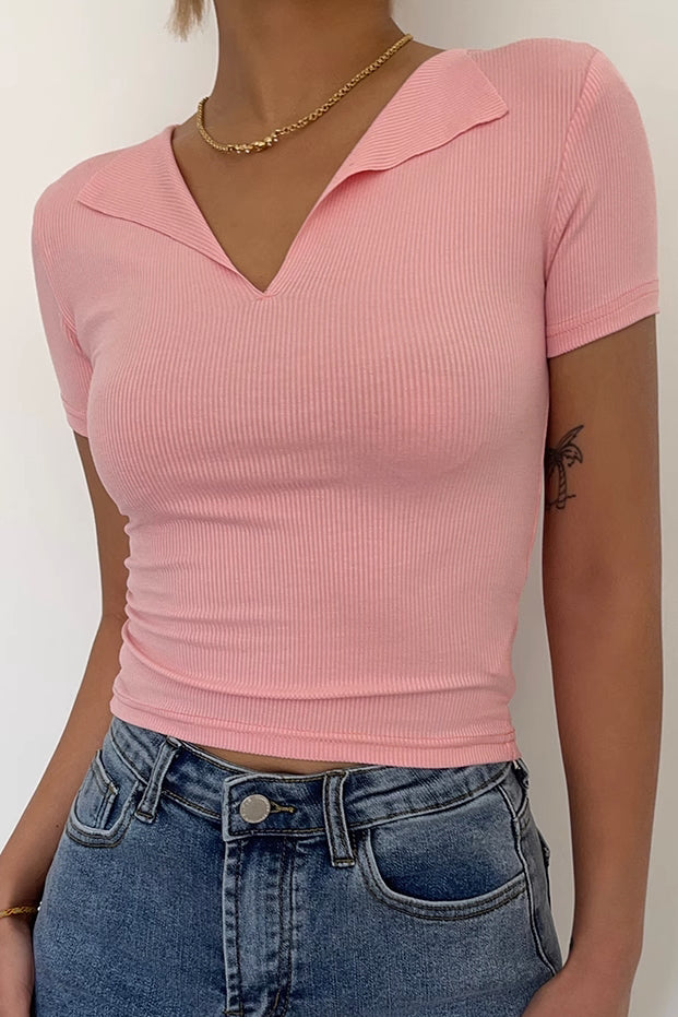 Rib-knit V Neck Cut Out Tops