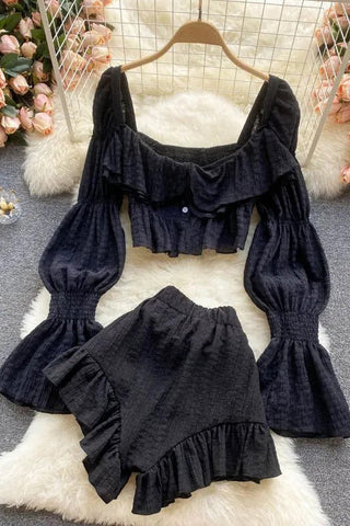 Chiffon Suits Long Flare Sleeve Ruffled Crop Tops + High Waist Shorts Two Piece