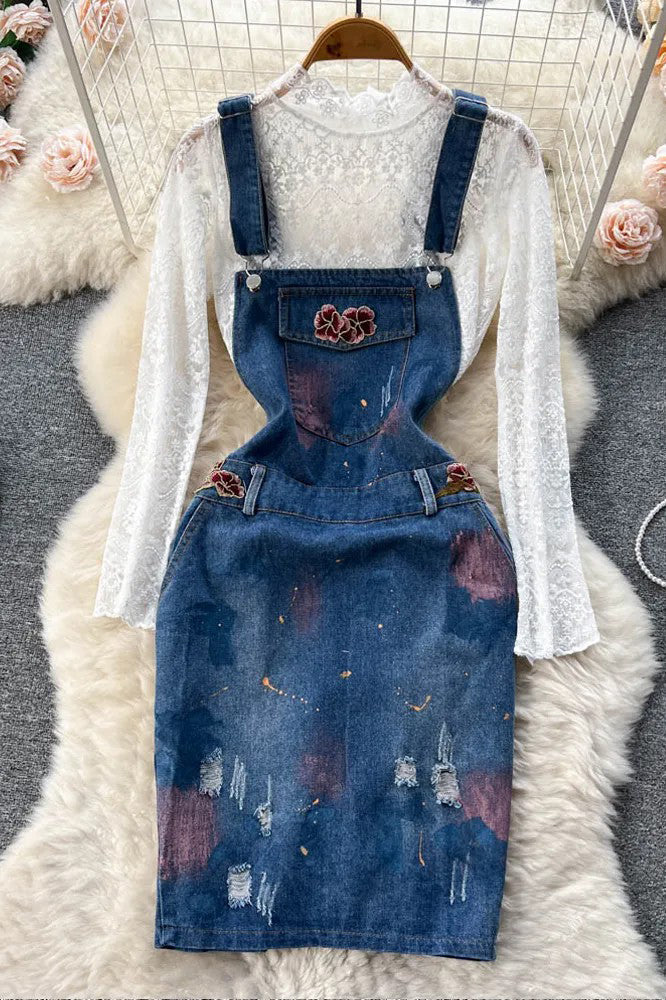 Set Vintage Embroidery Denim Dress + White Lace Tops Two-piece