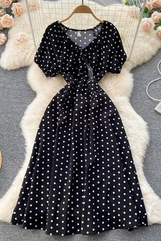 Print Polka Dot Dress Retro Puff Sleeve V-neck Elegant Dress