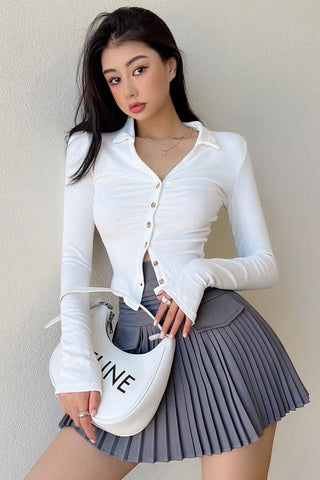 Sexy Lapel Single Breasted T-Shirt Tight Fitting Pleated Long Sleeved Top